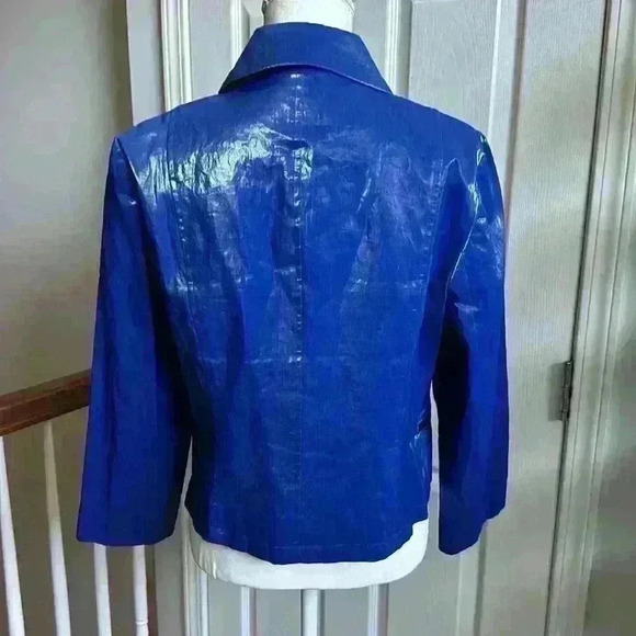 J’Envie NY Shiny Cobalt Blue Double Breasted Rain Jacket w/ Zippers Women Med - Picture 3 of 10